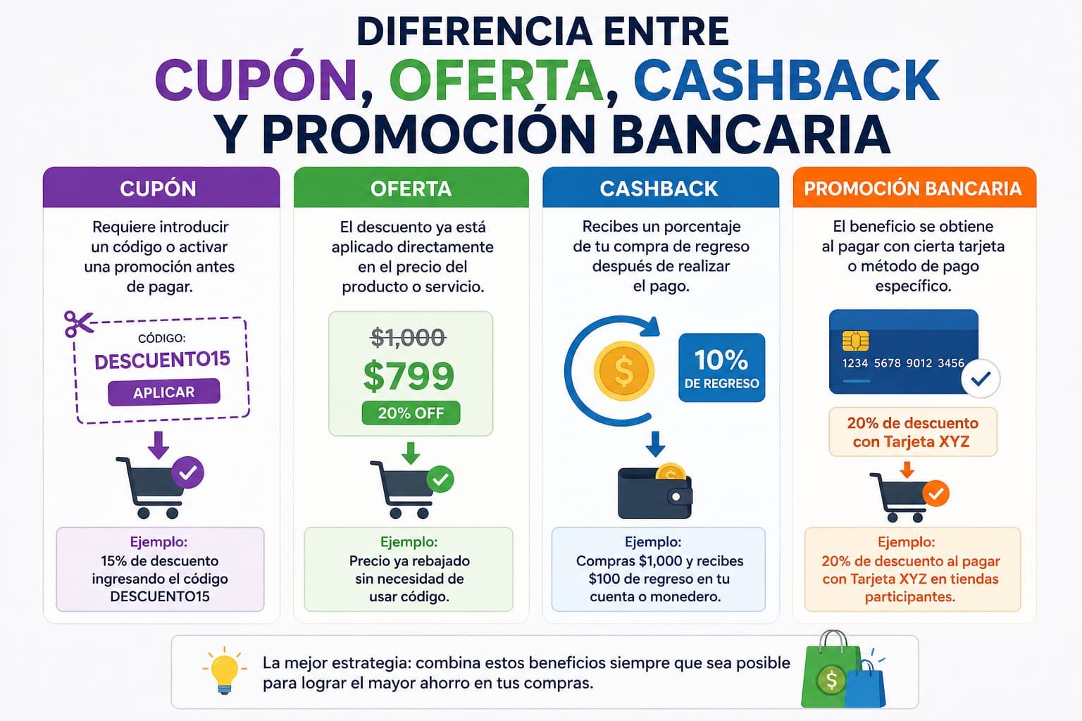 Diferencias entre cup&oacute;n, oferta, cashback y promoci&oacute;n bancaria